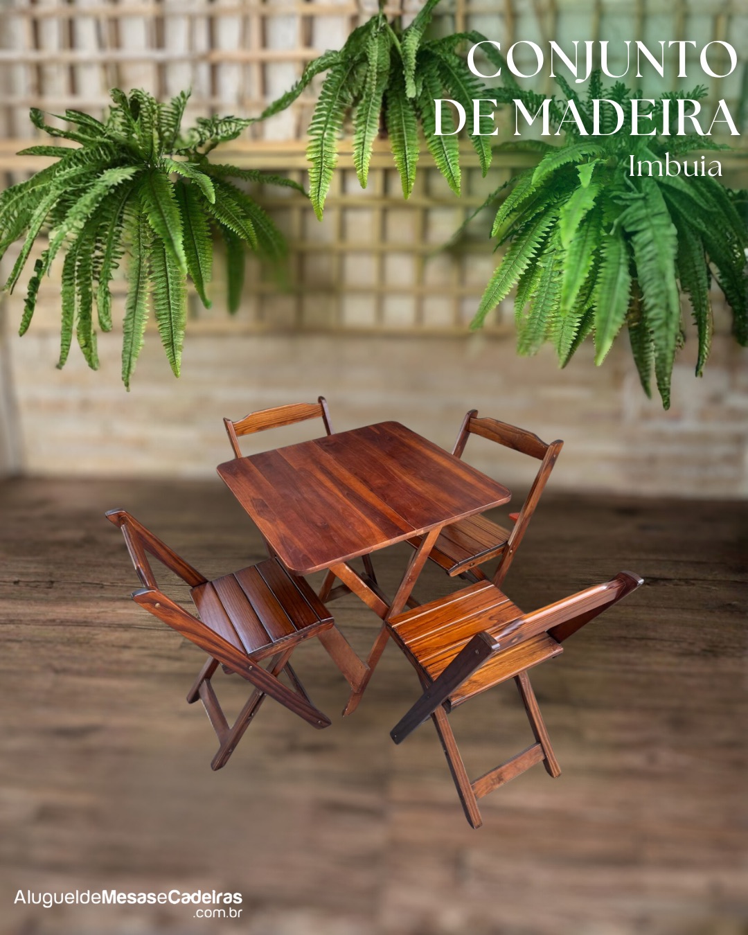 Conjunto de mesa e cadeiras de madeira imbuia para eventos
