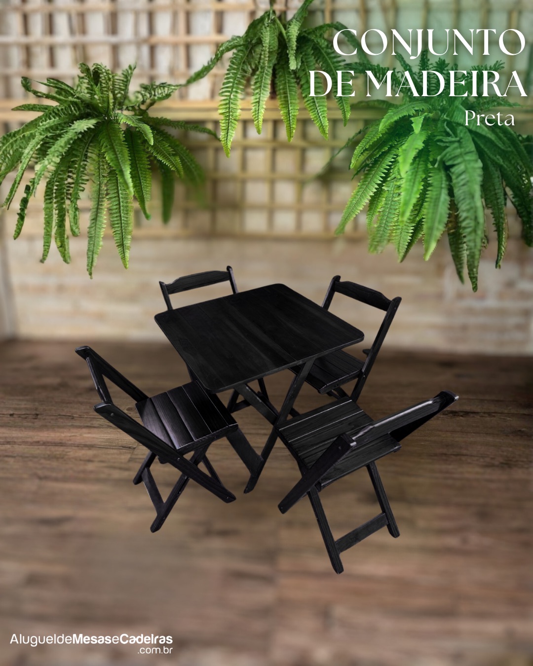 Jogo de mesa de madeira preta com quatro cadeiras