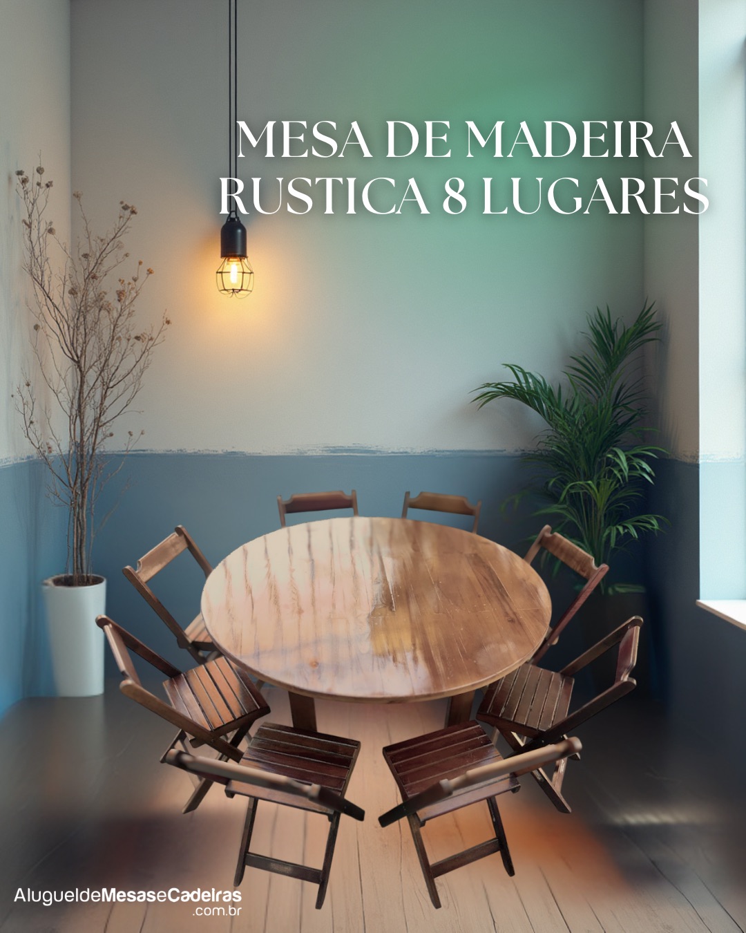 Mesa redonda rústica de madeira para oito lugares